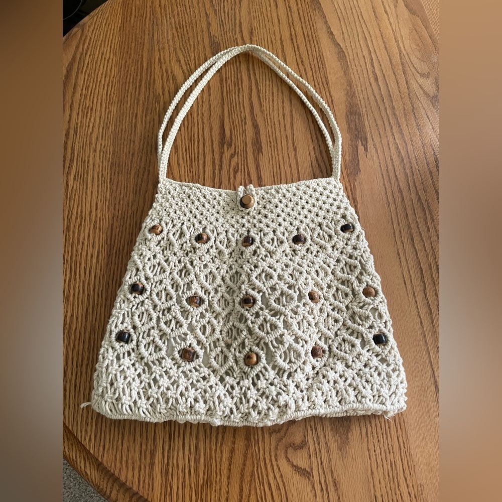 Handmade Boho Crochet Macrame Bag  With Beaded Detail 1970s Hand Bag